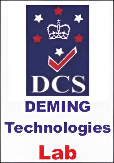 An official logo sign against a white background. At the top is a vertical dark blue rectangle featuring an emblem that includes a white crown, several red and white stars arranged around it, and a red checkmark with a white outline below a small white star. Below this emblem, the white letters "DCS" are printed. Directly beneath the blue block, the text "DEMING Technologies" appears in dark blue, followed by the word "Lab" in large, bold red font at the bottom.