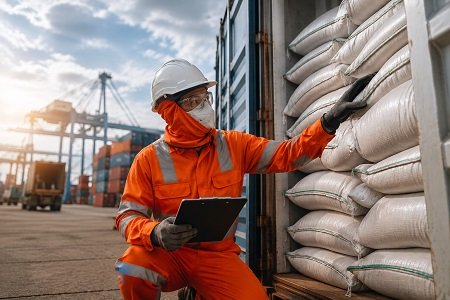 Agricultural shipment inspection at a shipping container with a safety-equipped worker checking packed agricultural goods.