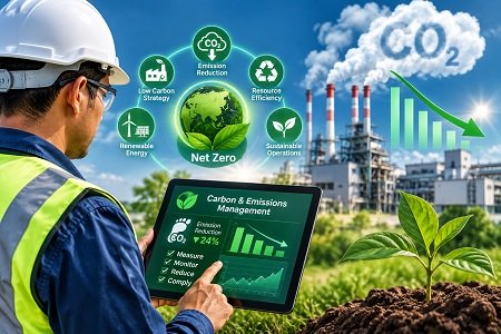 Carbon and emissions management at an industrial facility with renewable energy and environmental monitoring systems.