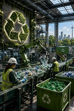 Modern circular economy recycling facility with workers, automated sorting systems, recycled materials, and green industrial infrastructure.
