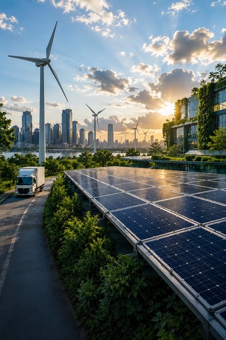 Sustainable city landscape with solar panels, wind turbines, green infrastructure, electric mobility, and modern energy-efficient buildings.