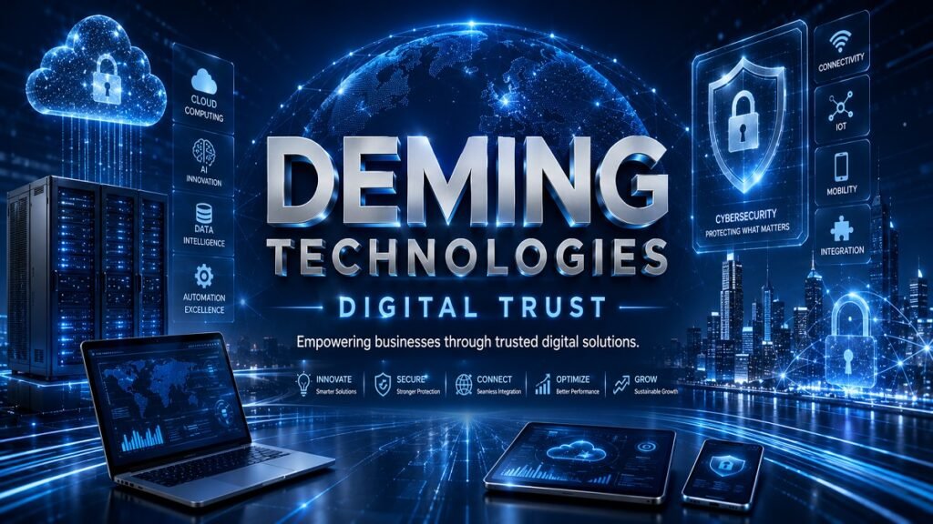 DEMING TECHNOLOGIES Digital Trust futuristic corporate technology banner featuring AI, cloud computing, cybersecurity, connected devices, and trusted digital business solutions.