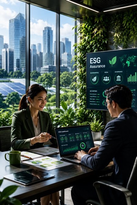 ESG assurance meeting in a modern sustainable office with professionals reviewing environmental, social, and governance performance dashboards.