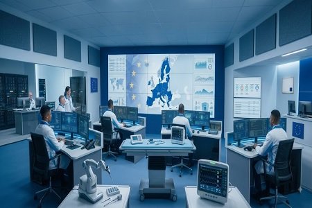 Photorealistic image of a modern European medical device laboratory and regulatory operations center with engineers reviewing compliance dashboards and advanced medical equipment under bright, blue and white corporate lighting.