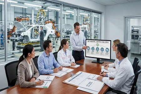 Photorealistic image of an IATF 16949 Lead Auditor training session in a modern corporate conference room overlooking an automotive assembly line through floor-to-ceiling glass windows. A professional instructor points to a digital screen displaying "IATF 16949:2016 – AUDITING CORE TOOLS"