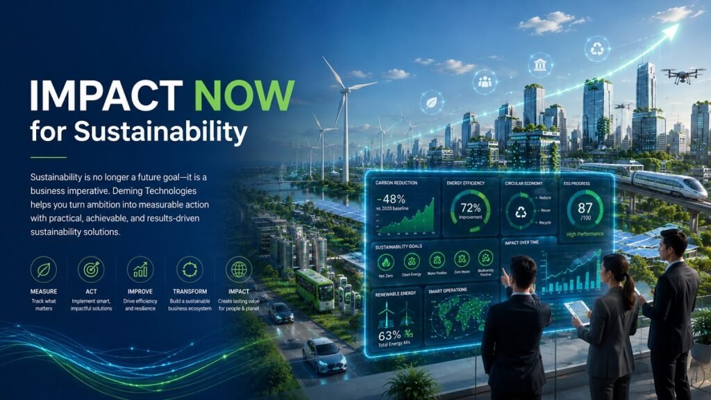 IMPACT NOW for Sustainability corporate banner showing a futuristic sustainable city, renewable energy, smart infrastructure, ESG dashboards, electric mobility, and business professionals.