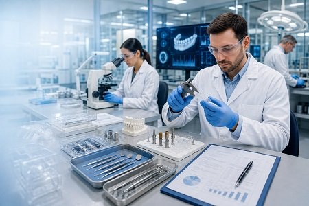 Dental and medical device regulatory assessment in a modern high-tech laboratory.
