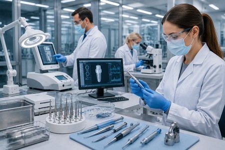 Dental device compliance inspection in a modern medical technology laboratory.