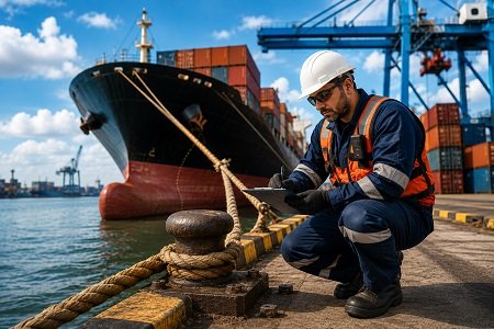 Marine and cargo surveyor inspecting a commercial vessel at a busy shipping port.