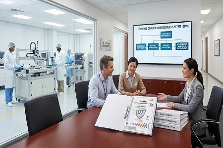 Photorealistic image of a medical device manufacturing facility with separate business operations and production areas. A team of executives reviews ISO 13485 QMS documentation and a certification certificate (featuring a 'DT' shield) at a large mahogany table, next to a monitor displaying a process flow diagram and binders for Quality Manual, Post-Market Surveillance, and Risk Management Plan. Through a glass wall, technicians in clean-room suits operate automated production equipment in an active 'DT-ISO 13485 CERTIFIED FACILITY'.