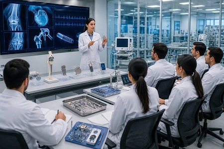 Medical device regulatory training session in a modern high-tech laboratory.