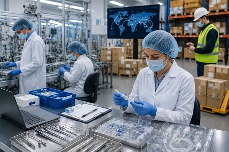 Medical device supply chain compliance and quality inspection in a modern manufacturing and logistics facility.