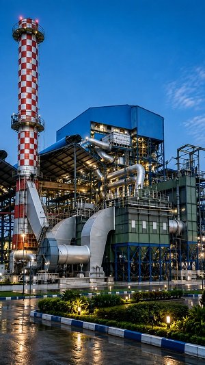 Modern industrial power plant with red-and-white smokestack, blue structures, large ventilation ducts, steel infrastructure, landscaped surroundings, and illuminated facilities.