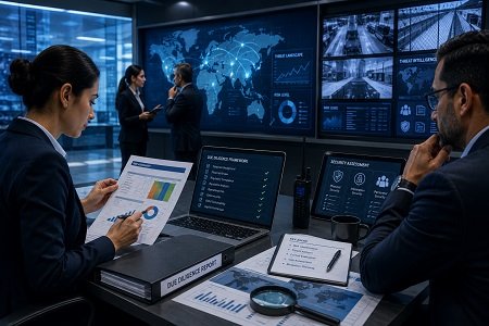 Security and due diligence assessment conducted in a modern corporate security operations center.