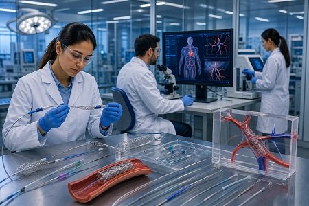 Vascular medical device certification and quality assessment in a modern medical technology laboratory.