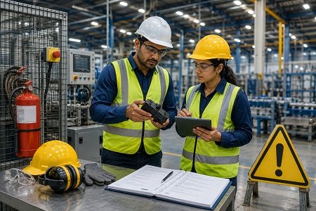 Workplace product safety and hazard compliance inspection in a modern industrial facility.