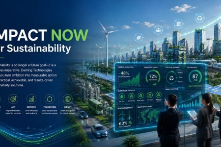 IMPACT NOW for Sustainability corporate banner showing a futuristic sustainable city, renewable energy, smart infrastructure, ESG dashboards, electric mobility, and business professionals.