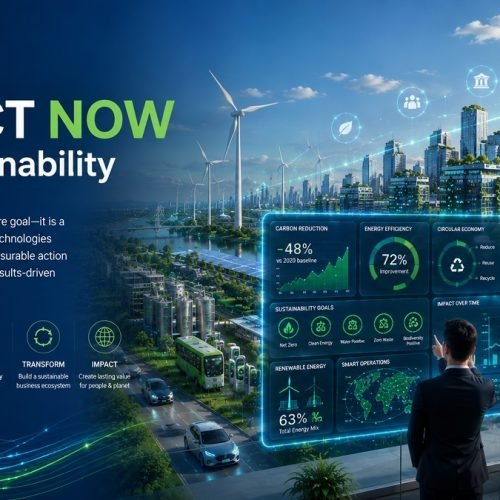 IMPACT NOW for Sustainability corporate banner showing a futuristic sustainable city, renewable energy, smart infrastructure, ESG dashboards, electric mobility, and business professionals.